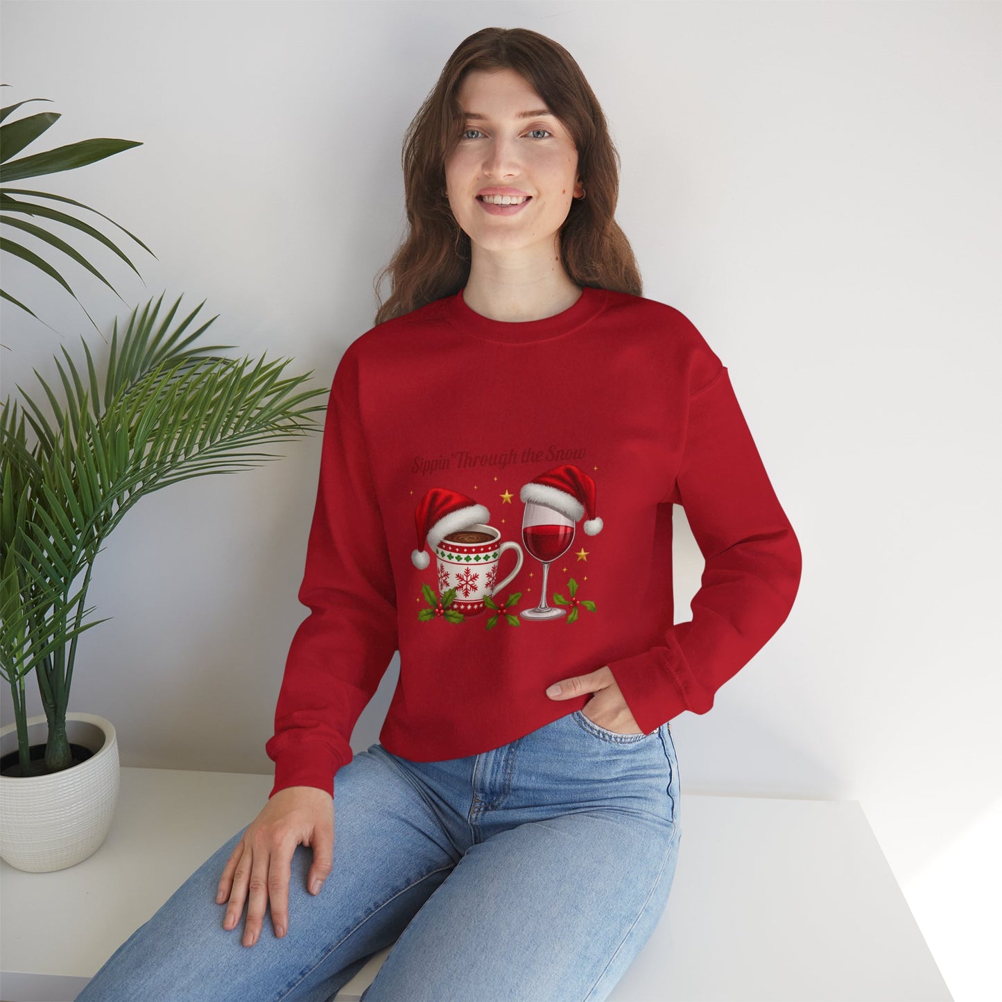 Unisex Heavy Blend™ mw2128 | Sippin’ Through the Snow Christmas Sweatshirt – Funny Holiday Wine & Coffee Crewneck, Festive Xmas Gift