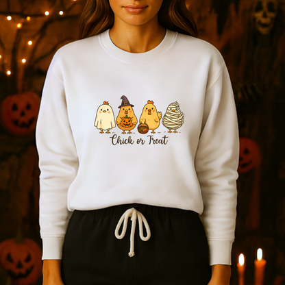 Unisex Heavy Blend™ Chick or Treat Halloween Sweatshirt | Cute Chicken Pumpkin Fall Sweater | Funny Spooky Season Crewneck for Women | mw1001