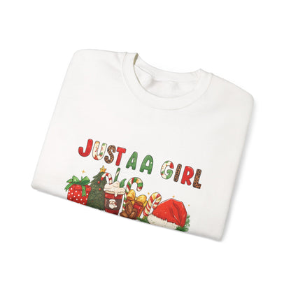 Unisex Heavy Blend™ mw2052 | Just a Girl Who Loves Christmas Sweatshirt – Cute Holiday Pullover, Festive Santa Candy Cane Crewneck