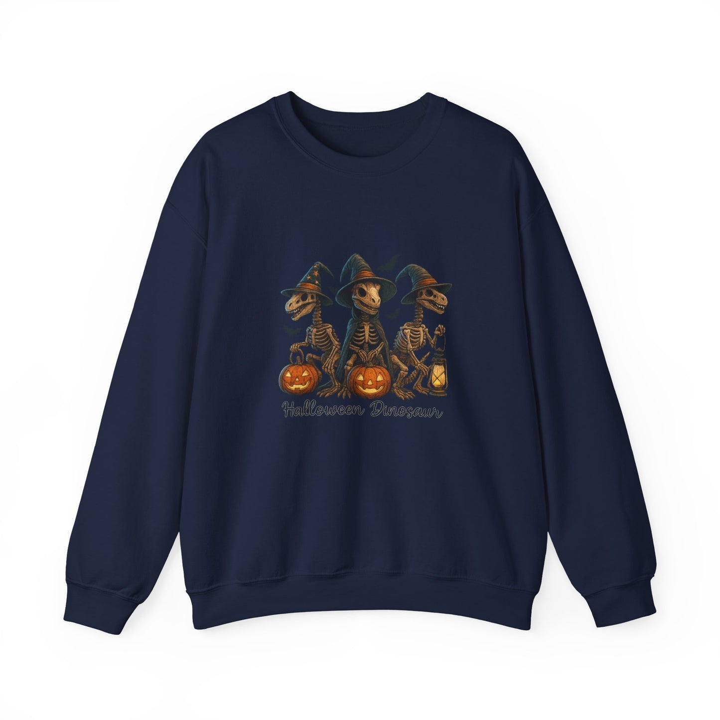 Unisex Heavy Blend™ Halloween Dinosaur Sweatshirt – Spooky Skeleton Dinos with Pumpkins | mw1023