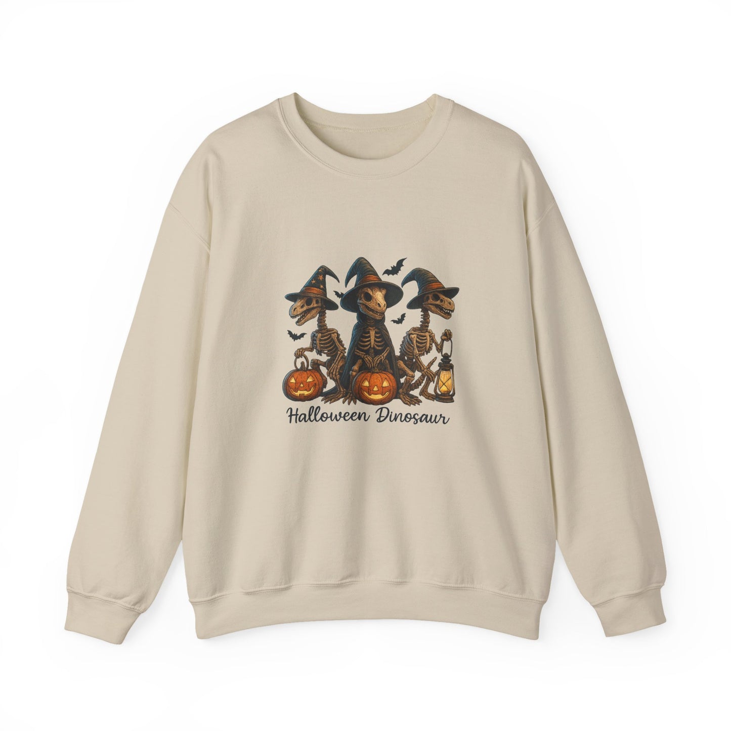 Unisex Heavy Blend™ Halloween Dinosaur Sweatshirt – Spooky Skeleton Dinos with Pumpkins | mw1023