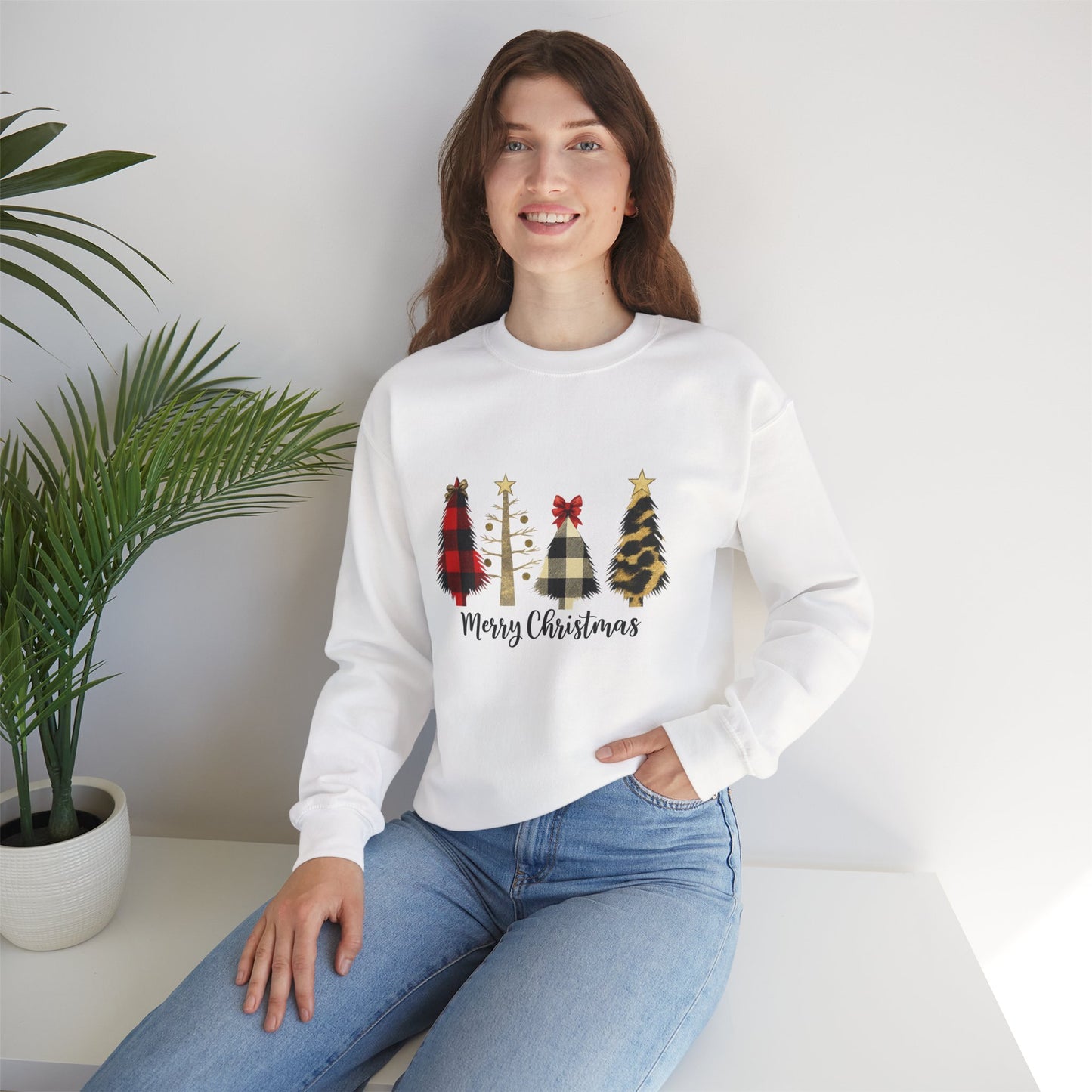 Unisex Heavy Blend™ mw2019 | Merry Christmas Tree Sweatshirt – Buffalo Plaid & Leopard Print Holiday Crewneck | Cozy Unisex Winter Gift