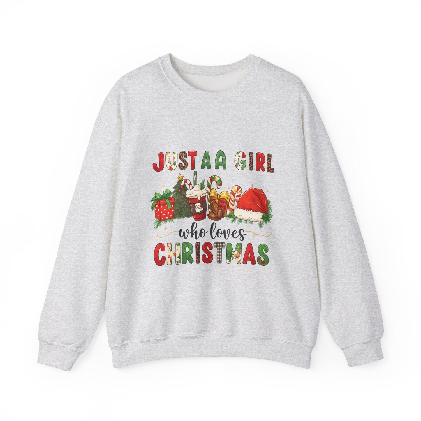Unisex Heavy Blend™ mw2052 | Just a Girl Who Loves Christmas Sweatshirt – Cute Holiday Pullover, Festive Santa Candy Cane Crewneck