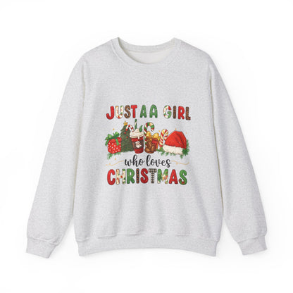 Unisex Heavy Blend™ mw2052 | Just a Girl Who Loves Christmas Sweatshirt – Cute Holiday Pullover, Festive Santa Candy Cane Crewneck