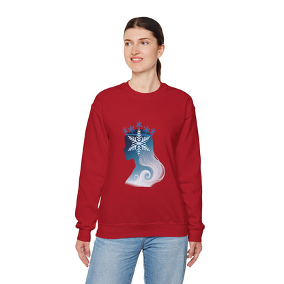 Unisex Heavy Blend™ mw2138 | Snow Queen Silhouette Sweatshirt – Elegant Winter Snowflake Crown Crewneck, Cozy Holiday Gift