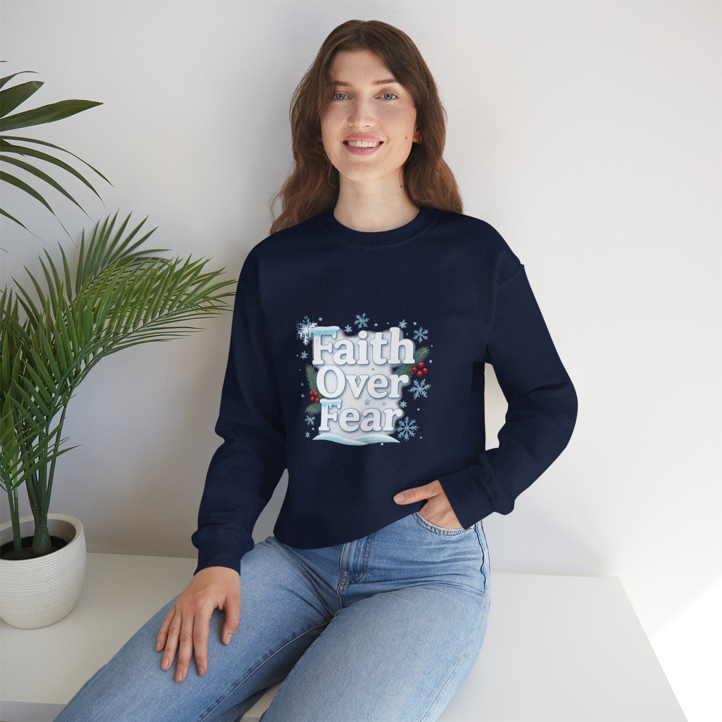 Unisex Heavy Blend™ mw2122 | Faith Over Fear Christian Christmas Sweatshirt – Inspirational Holiday Crewneck, Religious Winter Gift