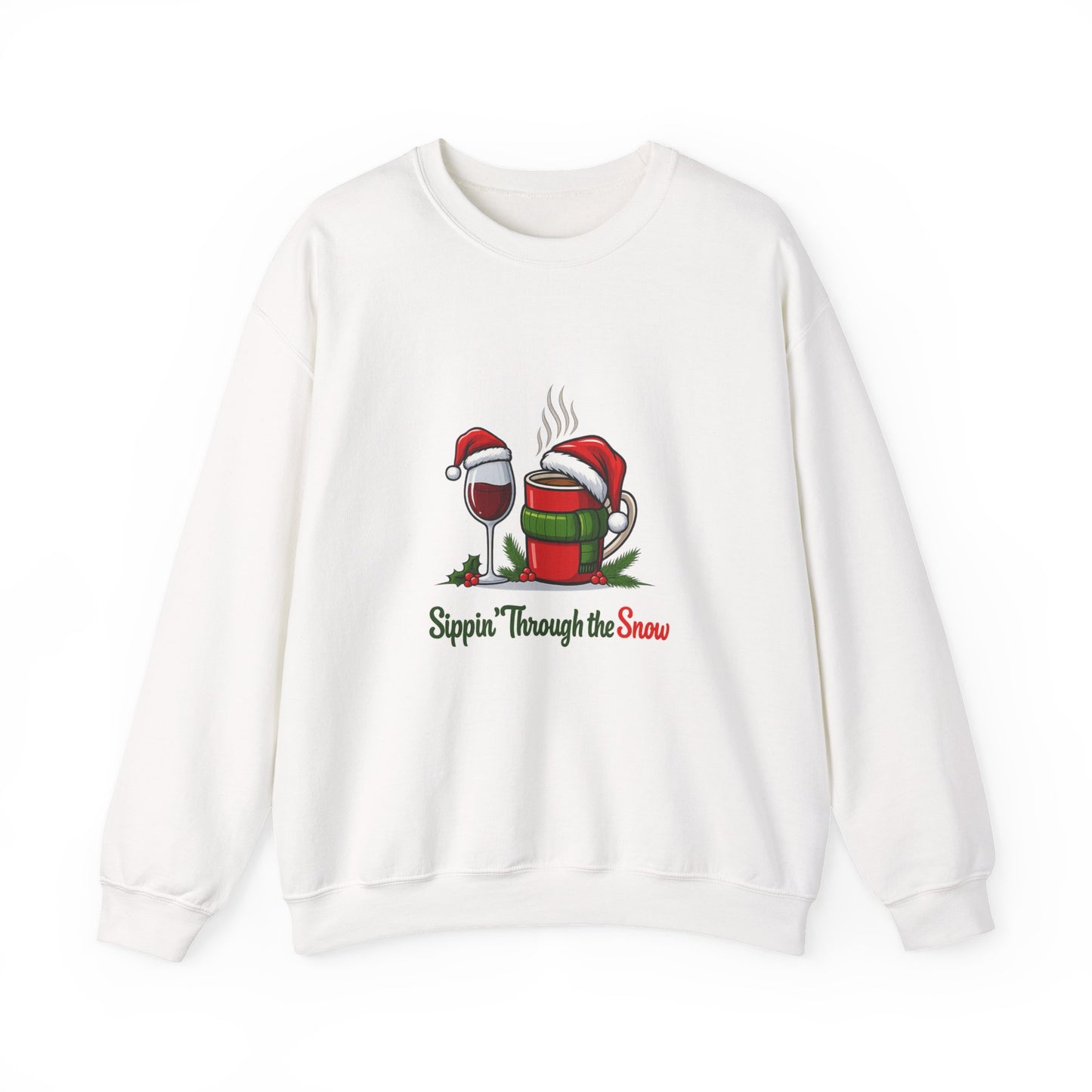 Unisex Heavy Blend™ mw2127 | Sippin’ Through the Snow Christmas Sweatshirt – Funny Holiday Wine & Coffee Crewneck, Festive Xmas Gift
