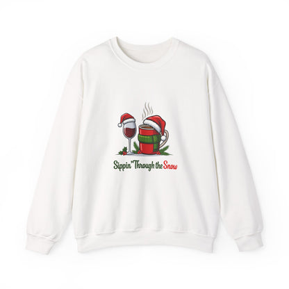 Unisex Heavy Blend™ mw2127 | Sippin’ Through the Snow Christmas Sweatshirt – Funny Holiday Wine & Coffee Crewneck, Festive Xmas Gift