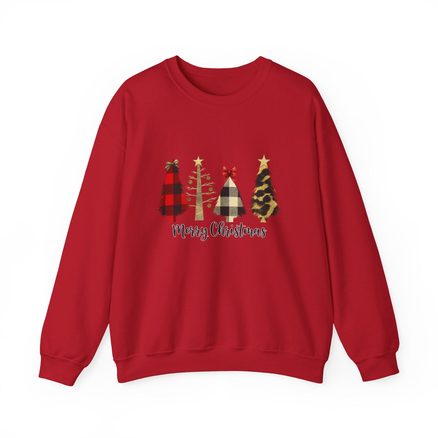 Unisex Heavy Blend™ mw2019 | Merry Christmas Tree Sweatshirt – Buffalo Plaid & Leopard Print Holiday Crewneck | Cozy Unisex Winter Gift