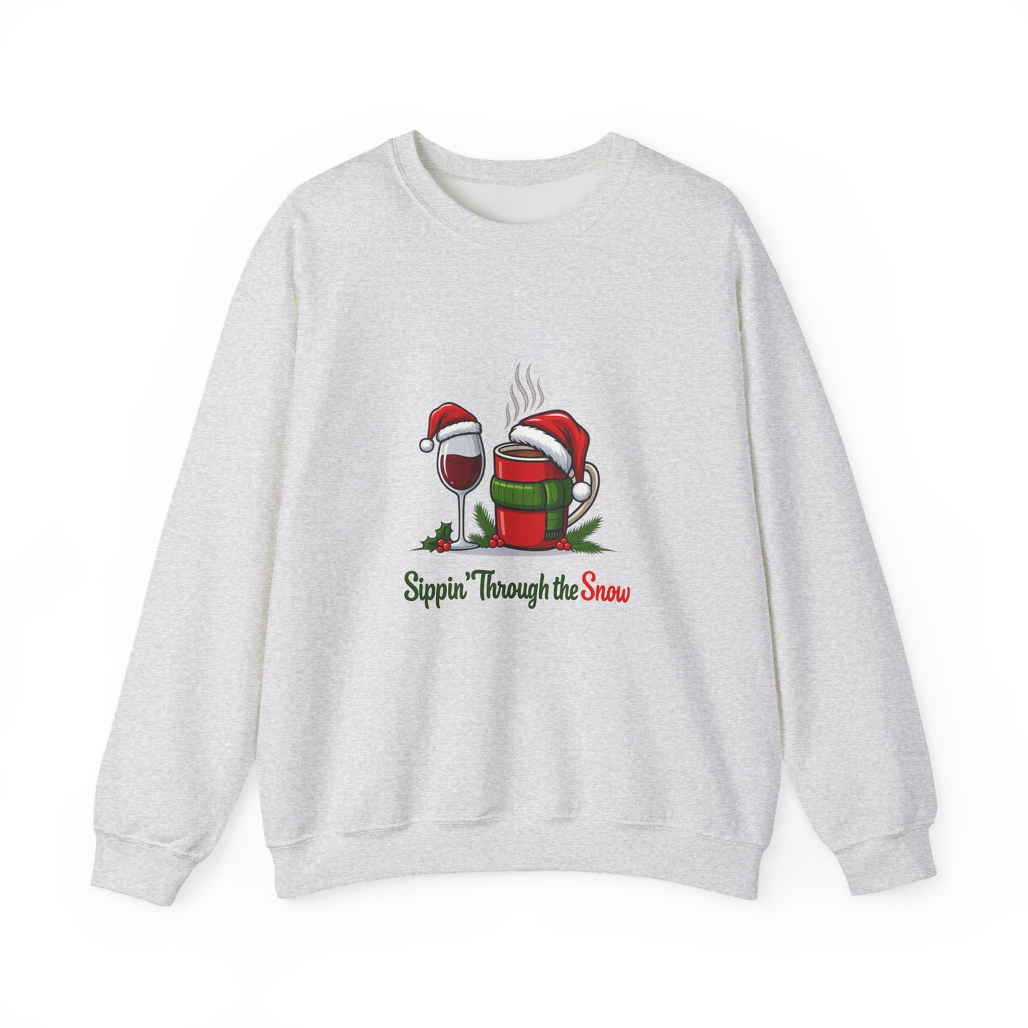 Unisex Heavy Blend™ mw2127 | Sippin’ Through the Snow Christmas Sweatshirt – Funny Holiday Wine & Coffee Crewneck, Festive Xmas Gift