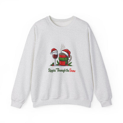Unisex Heavy Blend™ mw2127 | Sippin’ Through the Snow Christmas Sweatshirt – Funny Holiday Wine & Coffee Crewneck, Festive Xmas Gift