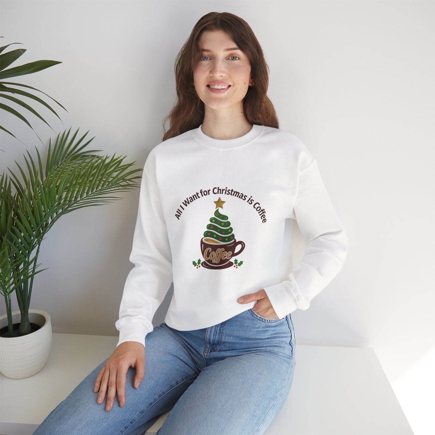 Unisex Heavy Blend™ mw2057 | All I Want for Christmas is Coffee Sweatshirt – Funny Holiday Coffee Lover Crewneck, Festive Winter Pullover
