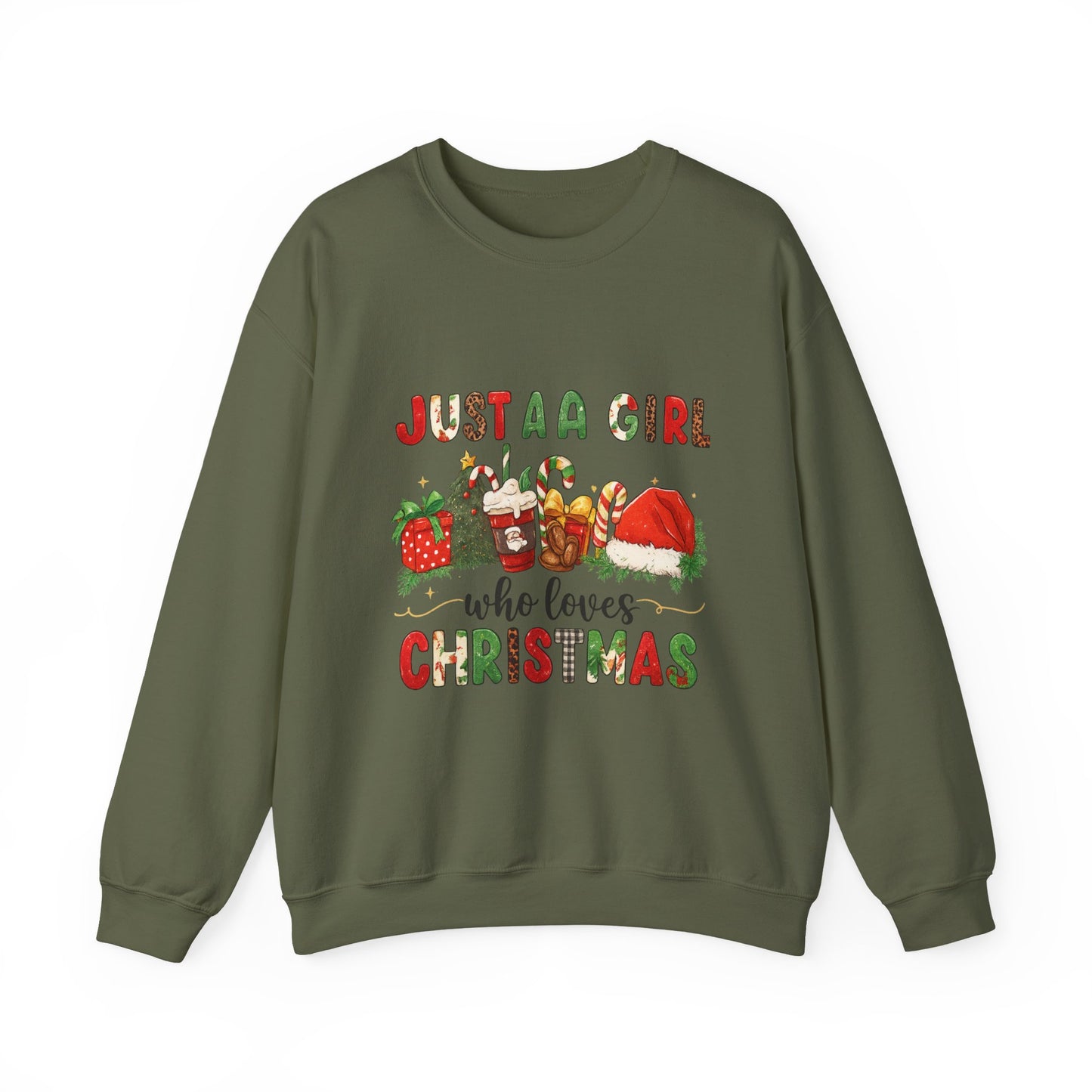 Unisex Heavy Blend™ mw2052 | Just a Girl Who Loves Christmas Sweatshirt – Cute Holiday Pullover, Festive Santa Candy Cane Crewneck