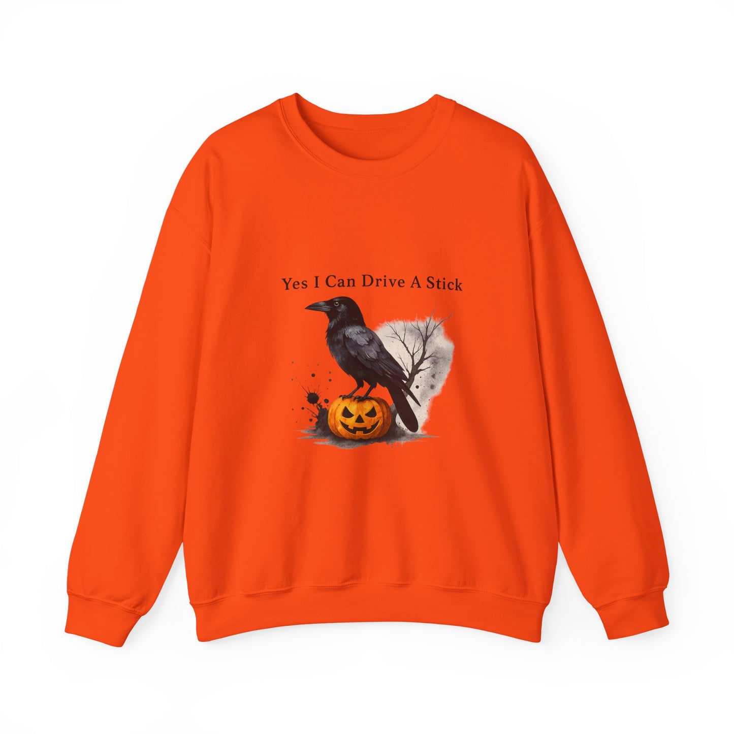Unisex Heavy Blend™ Yes I Can Drive A Stick Sweatshirt | Funny Halloween Crow Pumpkin Sweater | Spooky Season Witchy Fall Crewneck | mw1004