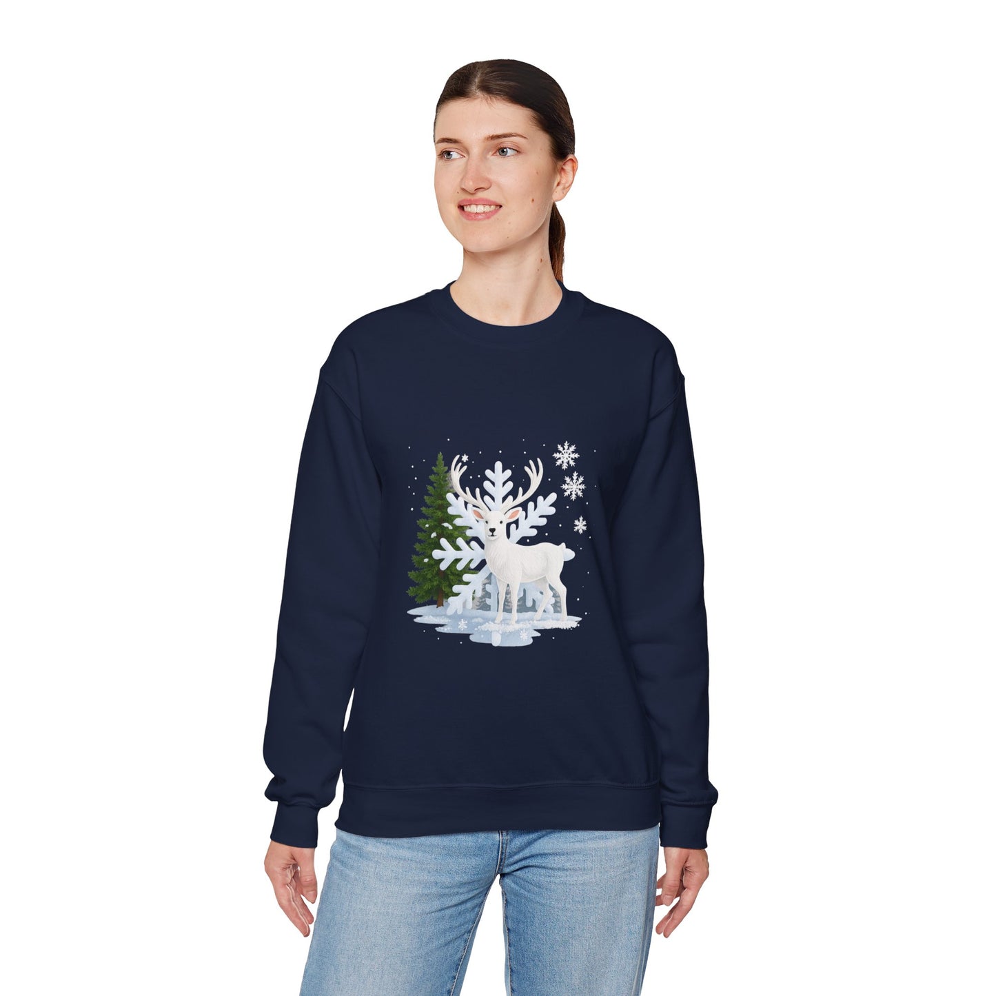 Unisex Heavy Blend™ mw2058 | White Reindeer Christmas Sweatshirt – Snowflake Winter Deer Crewneck, Festive Holiday Pullover Sweater