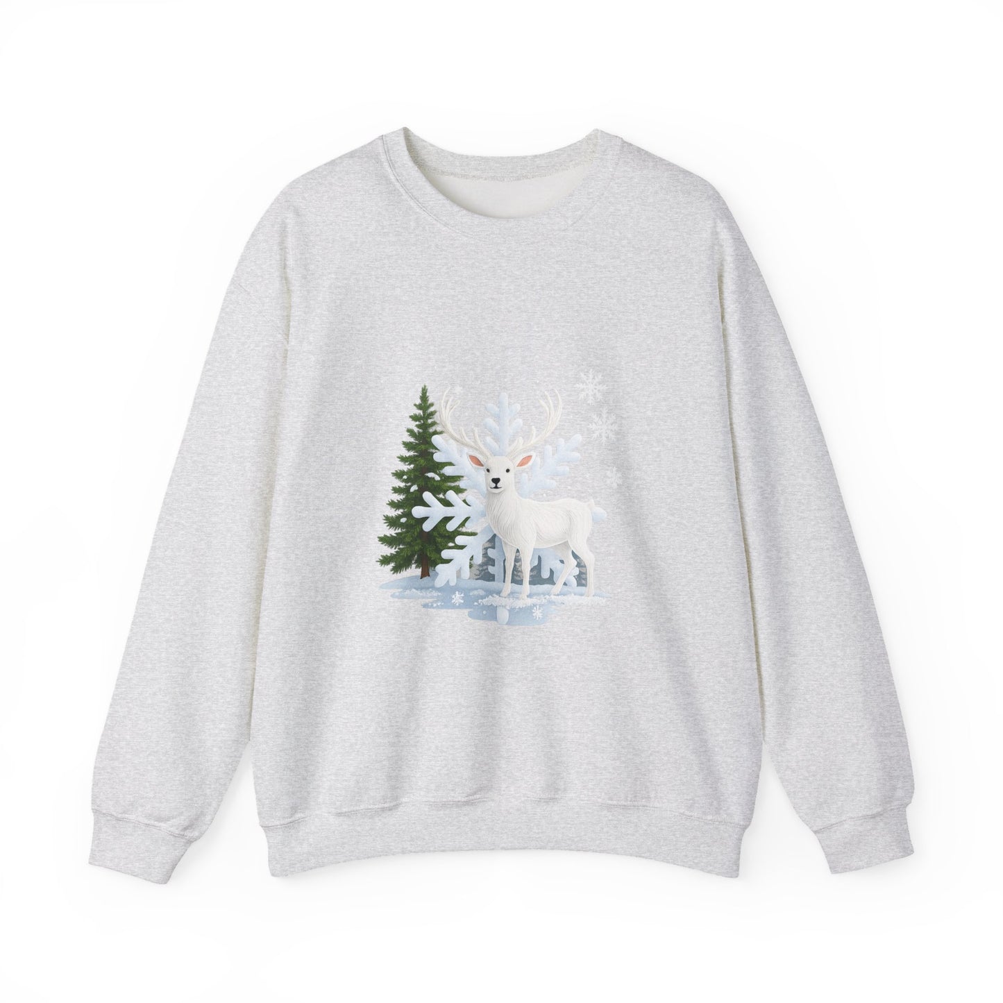 Unisex Heavy Blend™ mw2058 | White Reindeer Christmas Sweatshirt – Snowflake Winter Deer Crewneck, Festive Holiday Pullover Sweater