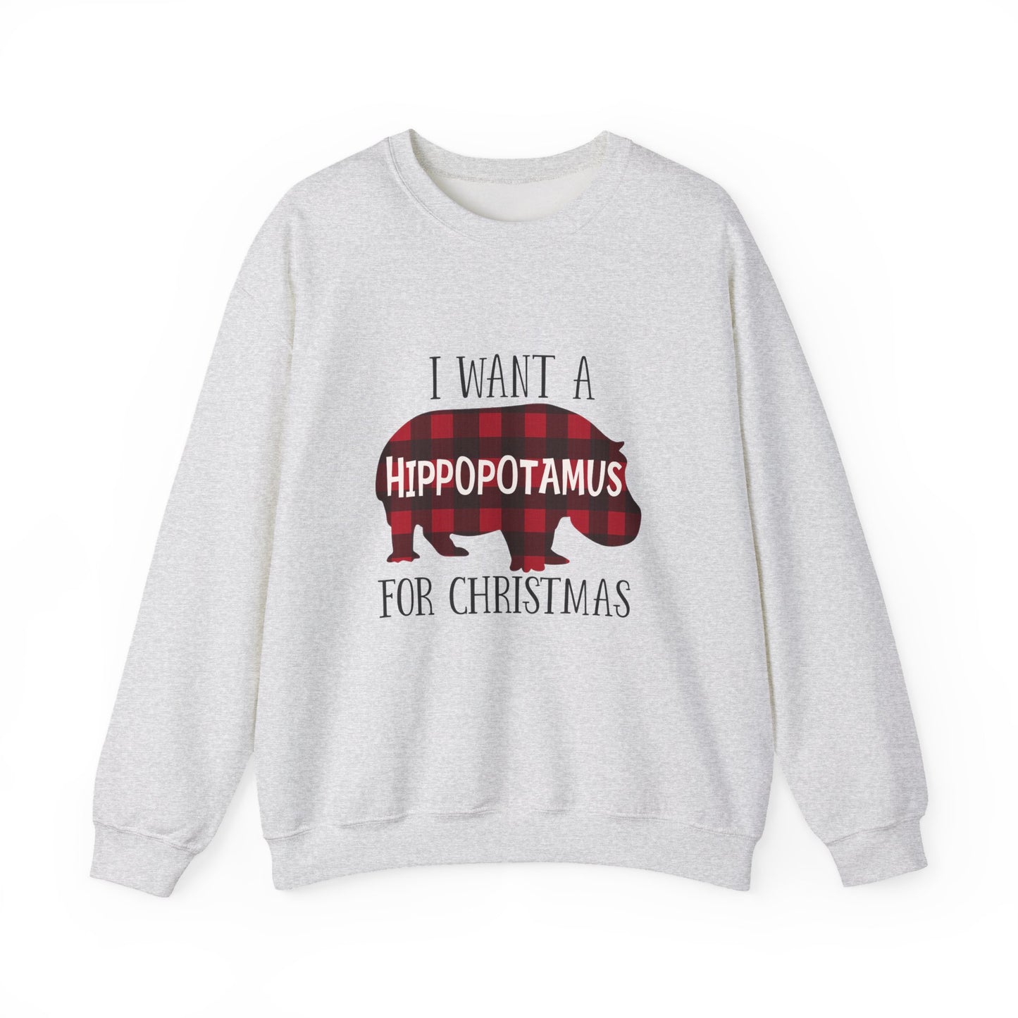 Unisex Heavy Blend™ mw2045 | I Want a Hippopotamus for Christmas Sweatshirt – Funny Buffalo Plaid Hippo Holiday Crewneck Pullover