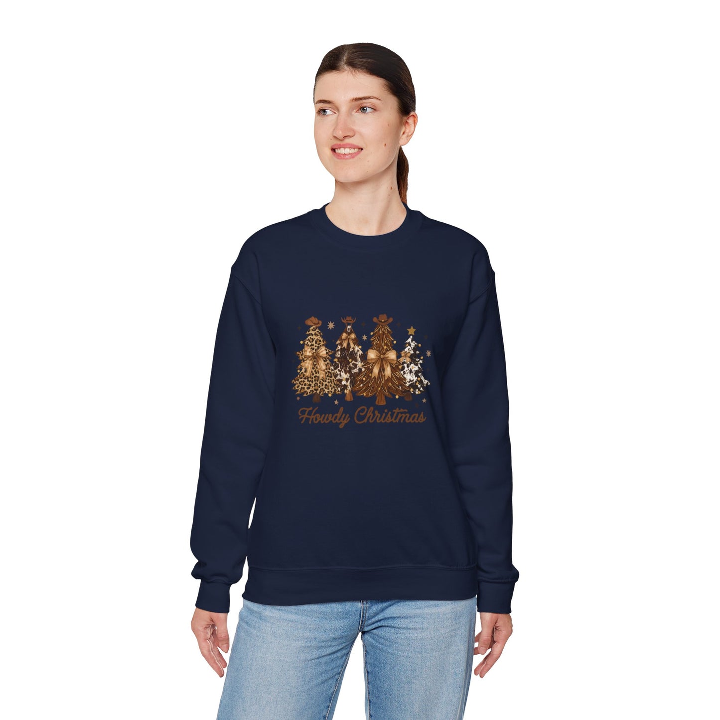 Unisex Heavy Blend™ mw2041 | Howdy Christmas Sweatshirt – Western Cowgirl Holiday Crewneck, Leopard Tree Festive Pullover