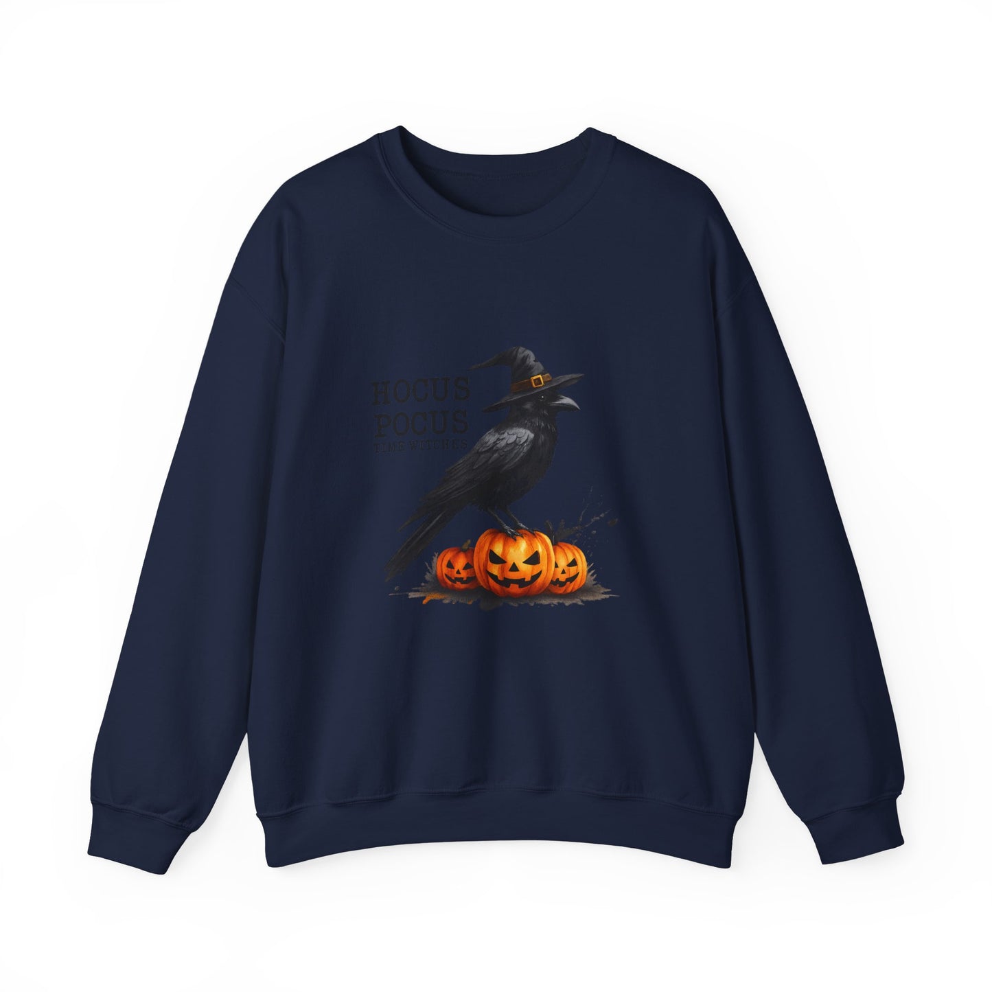 Unisex Heavy Blend™ Hocus Pocus Halloween Sweatshirt – Witchy Raven & Pumpkin Graphic | mw1008
