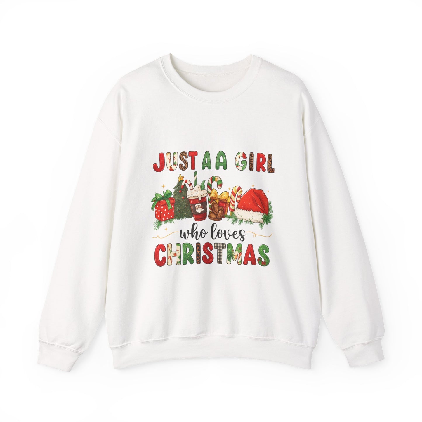 Unisex Heavy Blend™ mw2052 | Just a Girl Who Loves Christmas Sweatshirt – Cute Holiday Pullover, Festive Santa Candy Cane Crewneck