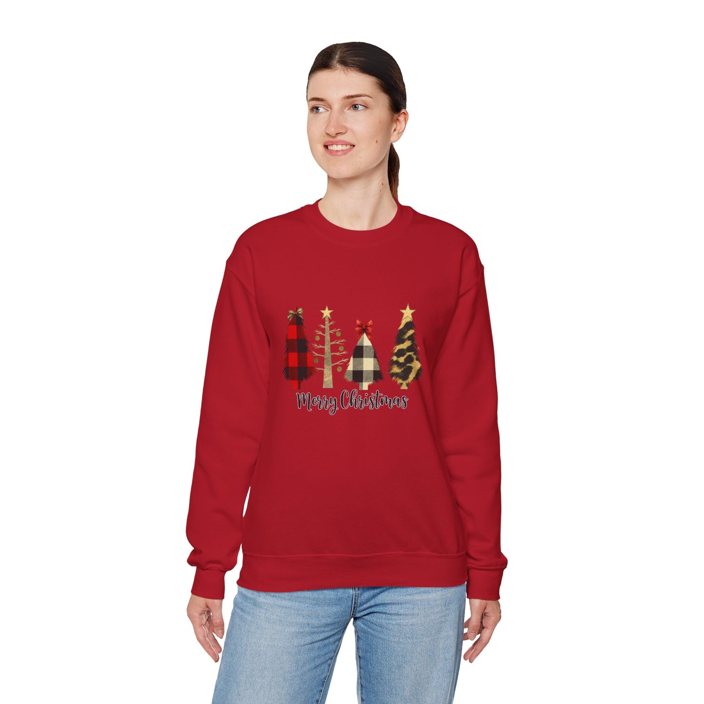 Unisex Heavy Blend™ mw2019 | Merry Christmas Tree Sweatshirt – Buffalo Plaid & Leopard Print Holiday Crewneck | Cozy Unisex Winter Gift