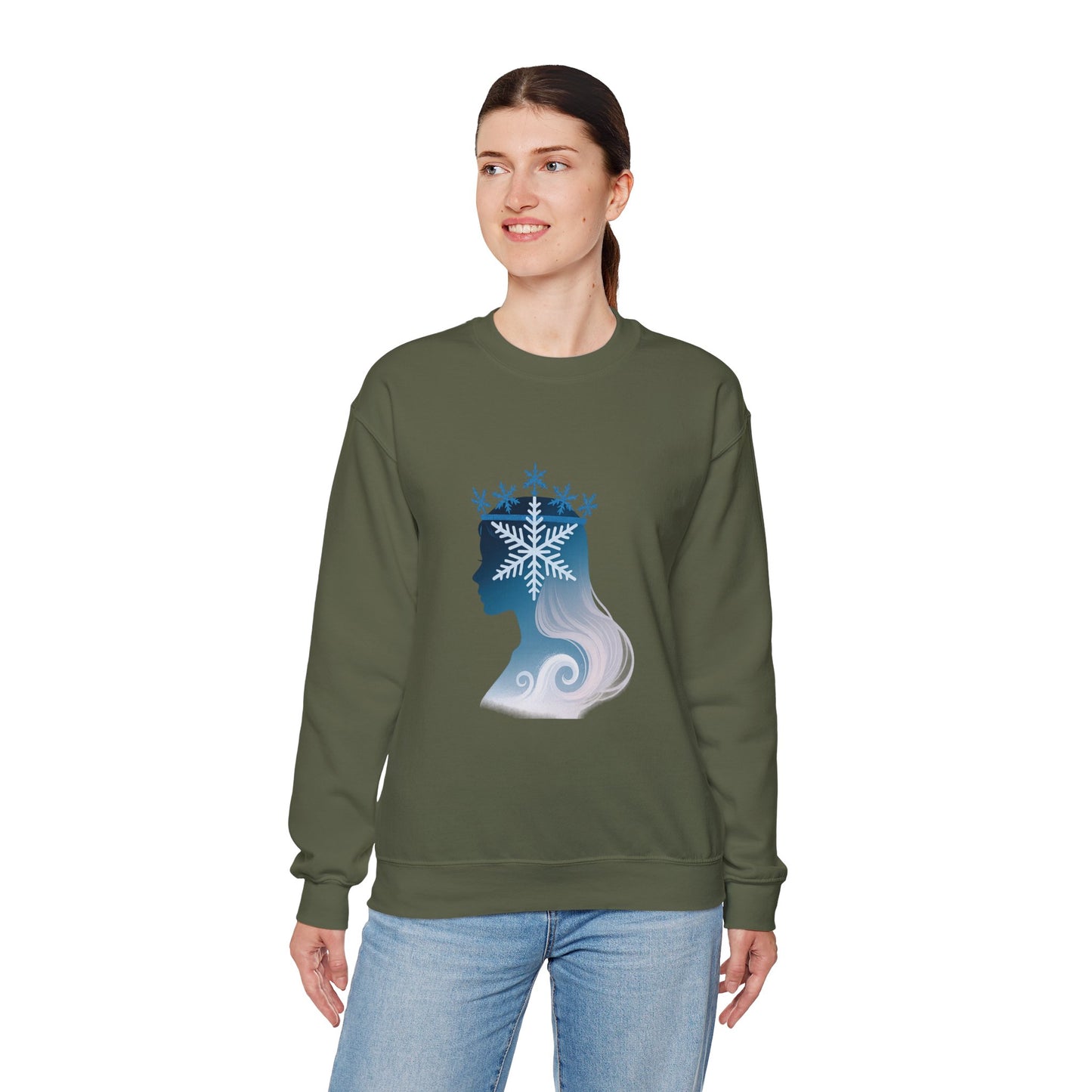 Unisex Heavy Blend™ mw2138 | Snow Queen Silhouette Sweatshirt – Elegant Winter Snowflake Crown Crewneck, Cozy Holiday Gift
