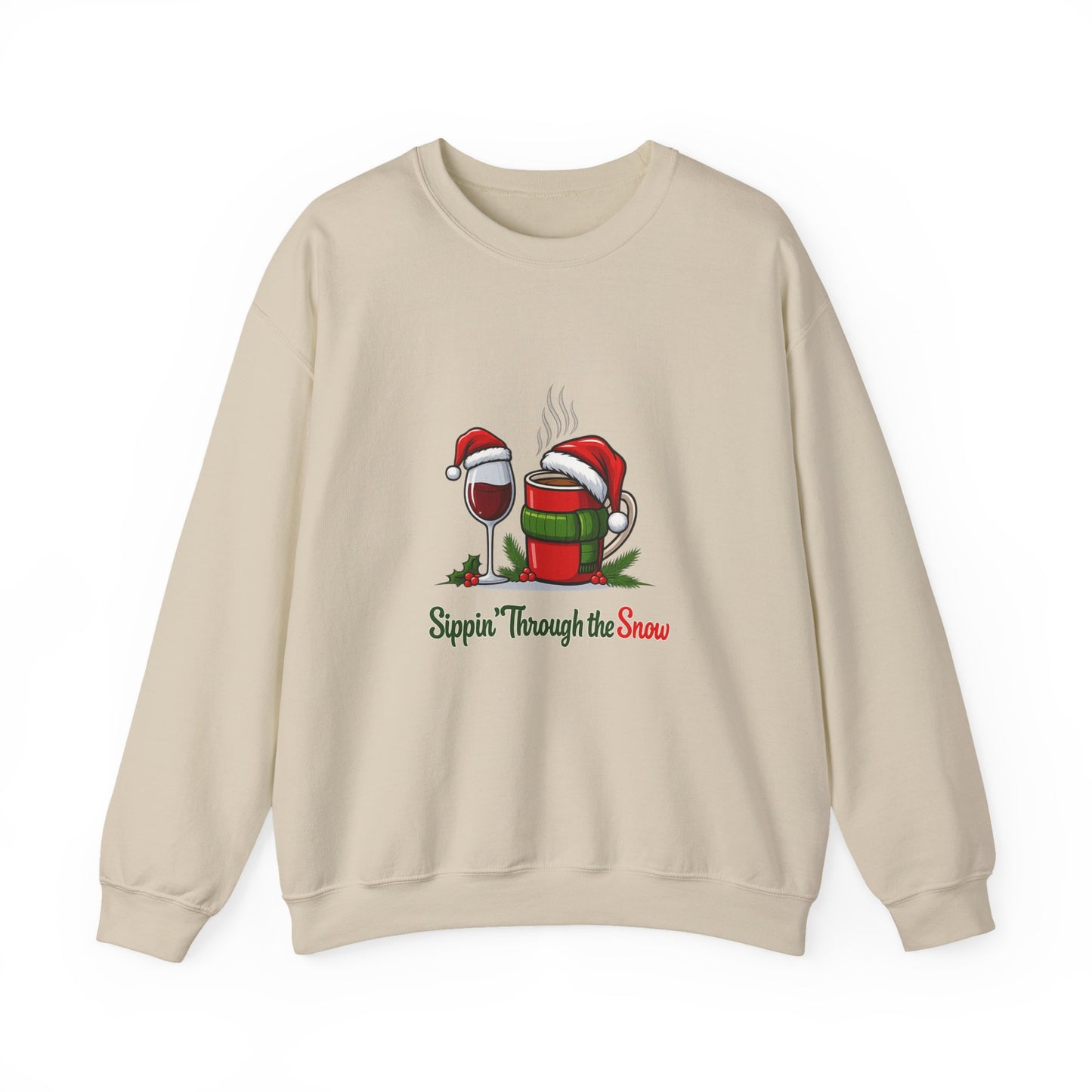 Unisex Heavy Blend™ mw2127 | Sippin’ Through the Snow Christmas Sweatshirt – Funny Holiday Wine & Coffee Crewneck, Festive Xmas Gift