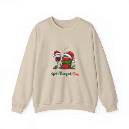 Unisex Heavy Blend™ mw2127 | Sippin’ Through the Snow Christmas Sweatshirt – Funny Holiday Wine & Coffee Crewneck, Festive Xmas Gift