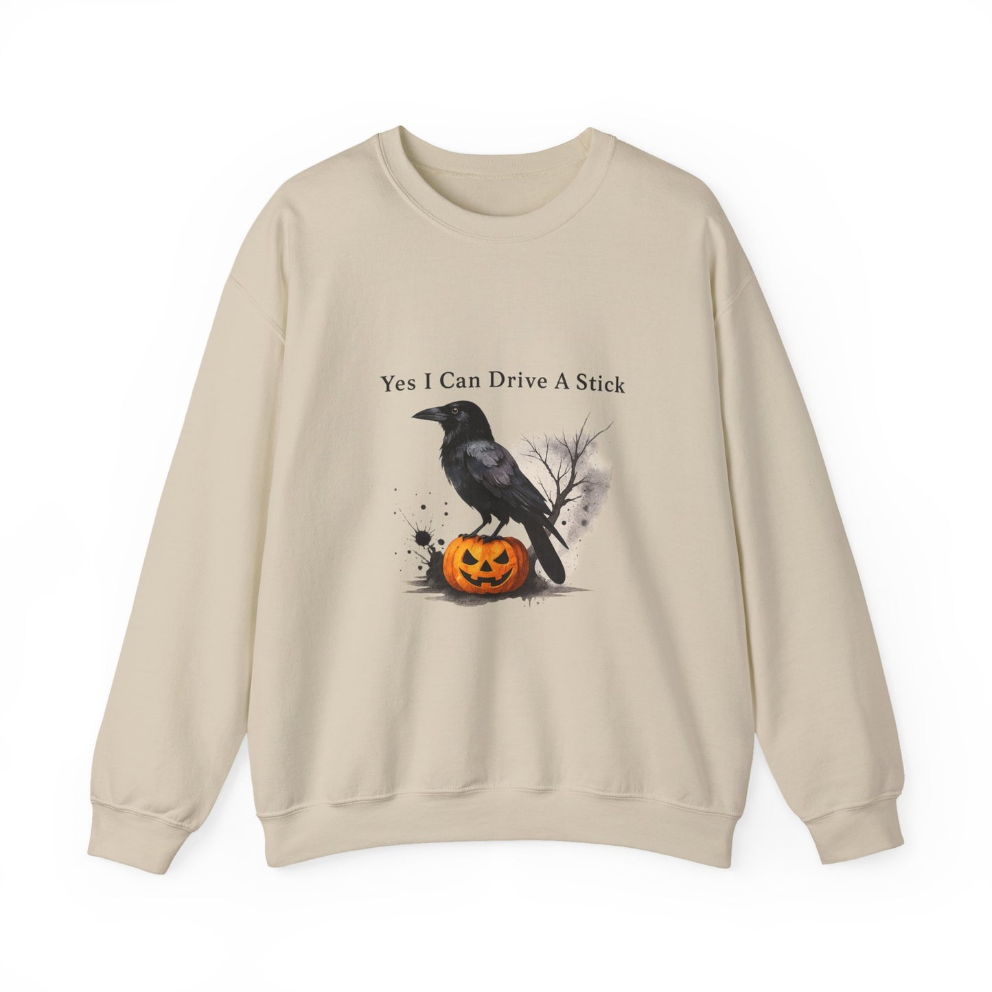 Unisex Heavy Blend™ Yes I Can Drive A Stick Sweatshirt | Funny Halloween Crow Pumpkin Sweater | Spooky Season Witchy Fall Crewneck | mw1004