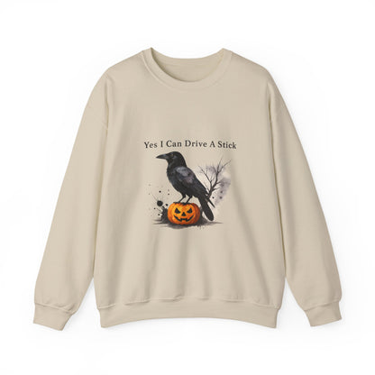 Unisex Heavy Blend™ Yes I Can Drive A Stick Sweatshirt | Funny Halloween Crow Pumpkin Sweater | Spooky Season Witchy Fall Crewneck | mw1004