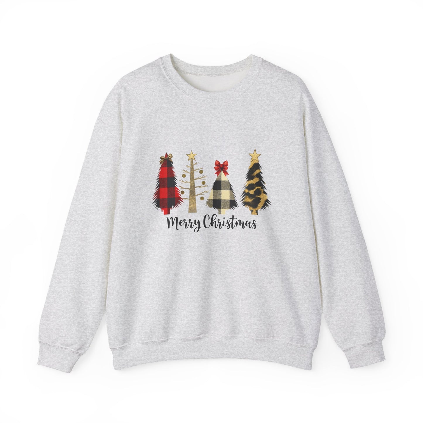 Unisex Heavy Blend™ mw2019 | Merry Christmas Tree Sweatshirt – Buffalo Plaid & Leopard Print Holiday Crewneck | Cozy Unisex Winter Gift