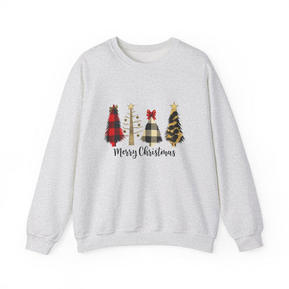 Unisex Heavy Blend™ mw2019 | Merry Christmas Tree Sweatshirt – Buffalo Plaid & Leopard Print Holiday Crewneck | Cozy Unisex Winter Gift