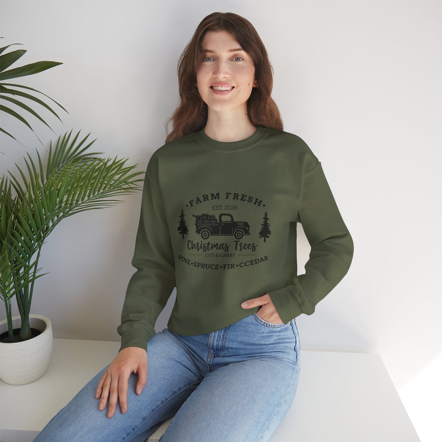 Unisex Heavy Blend™ mw2021 | I Farm Fresh Christmas Trees Sweatshirt – Vintage Red Truck Holiday Crewneck | Rustic Unisex Winter Gift