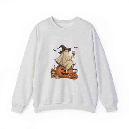 Unisex Heavy Blend™ Wine Ghost Halloween Sweatshirt – Spooky Season Pumpkin Crewneck | mw1013
