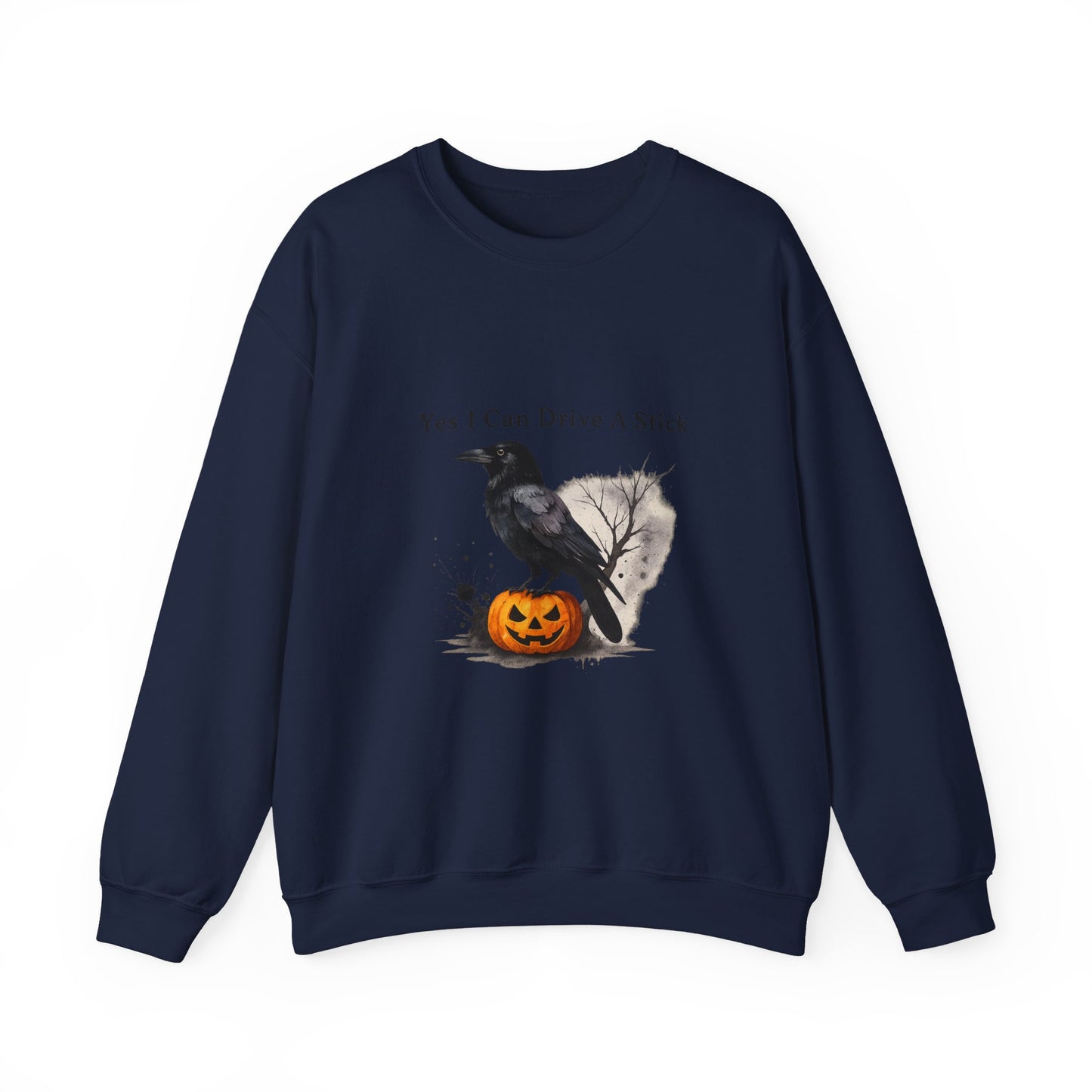 Unisex Heavy Blend™ Yes I Can Drive A Stick Sweatshirt | Funny Halloween Crow Pumpkin Sweater | Spooky Season Witchy Fall Crewneck | mw1004