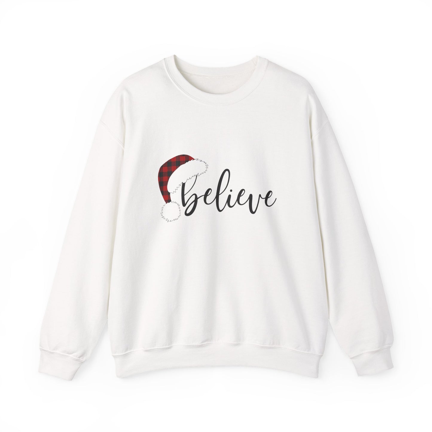 Unisex Heavy Blend™ mw2036 | Believe Christmas Sweatshirt – Buffalo Plaid Santa Hat Holiday Crewneck | Cozy Unisex Winter Gift