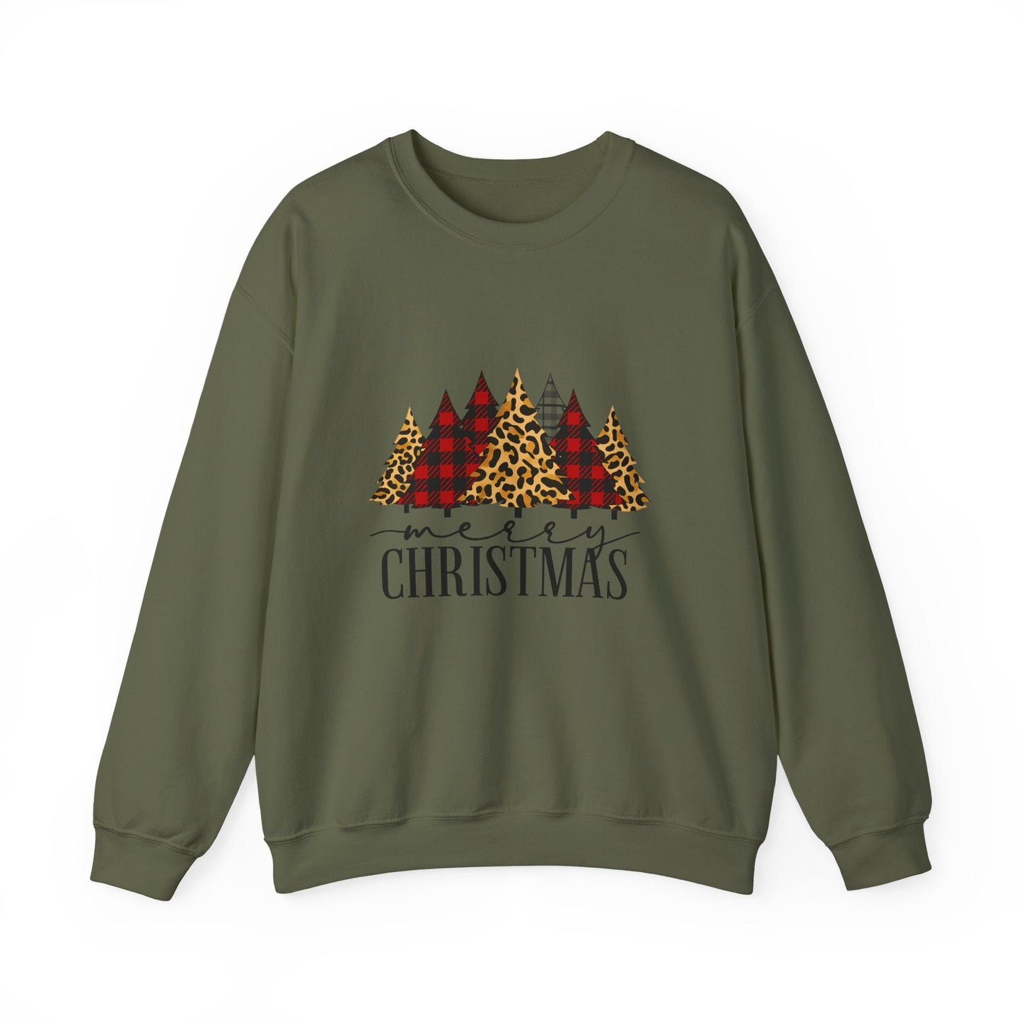 Unisex Heavy Blend™ mw2014 | Merry Christmas Trees Sweatshirt – Leopard & Buffalo Plaid Holiday Crewneck | Cozy Unisex Winter Gift
