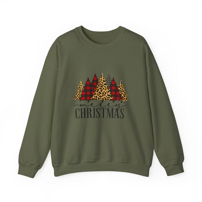 Unisex Heavy Blend™ mw2014 | Merry Christmas Trees Sweatshirt – Leopard & Buffalo Plaid Holiday Crewneck | Cozy Unisex Winter Gift