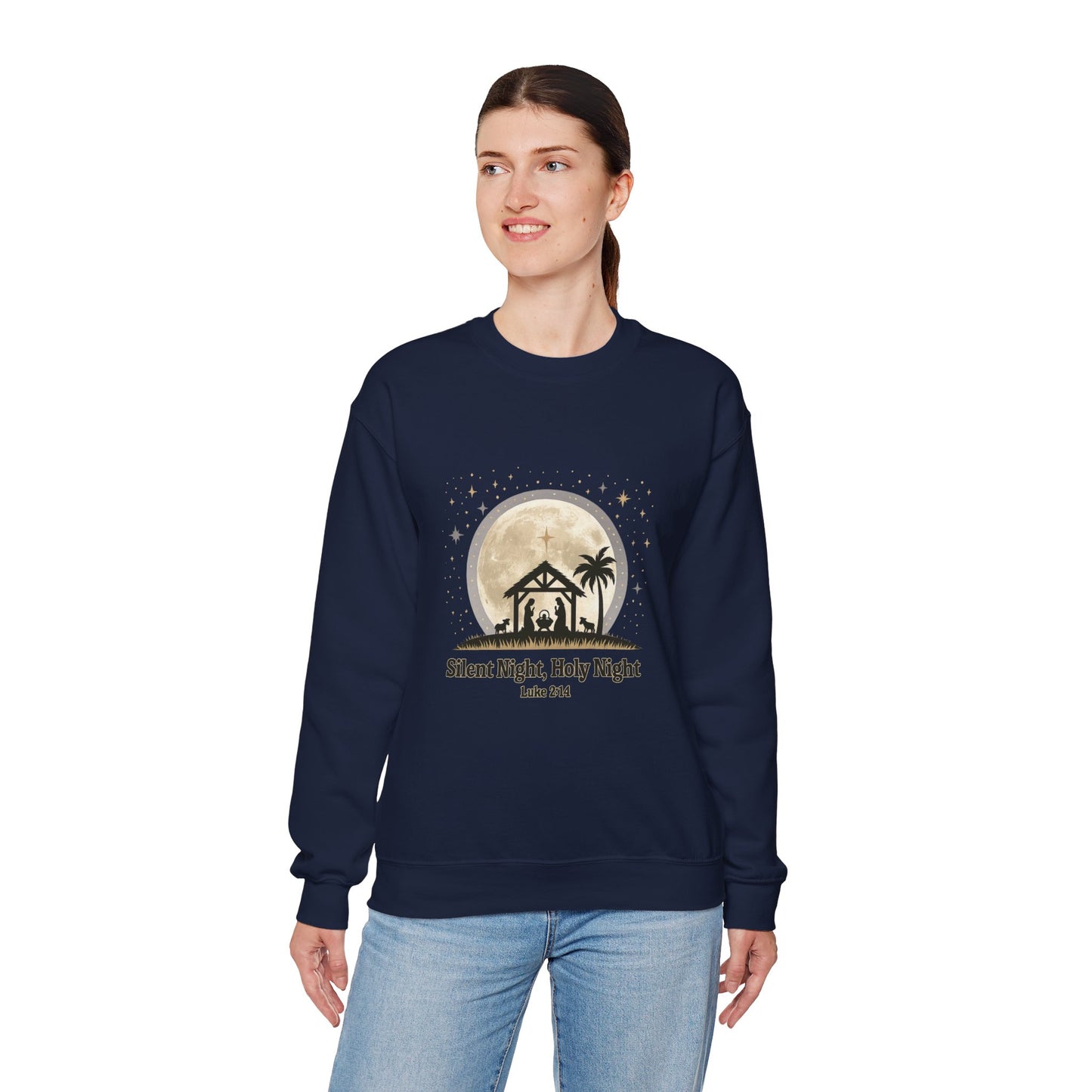 Unisex Heavy Blend™ mw2067 | Silent Night Holy Night Sweatshirt – Christian Nativity Scene Crewneck, Luke 2:14 Bible Verse Christmas Pullover