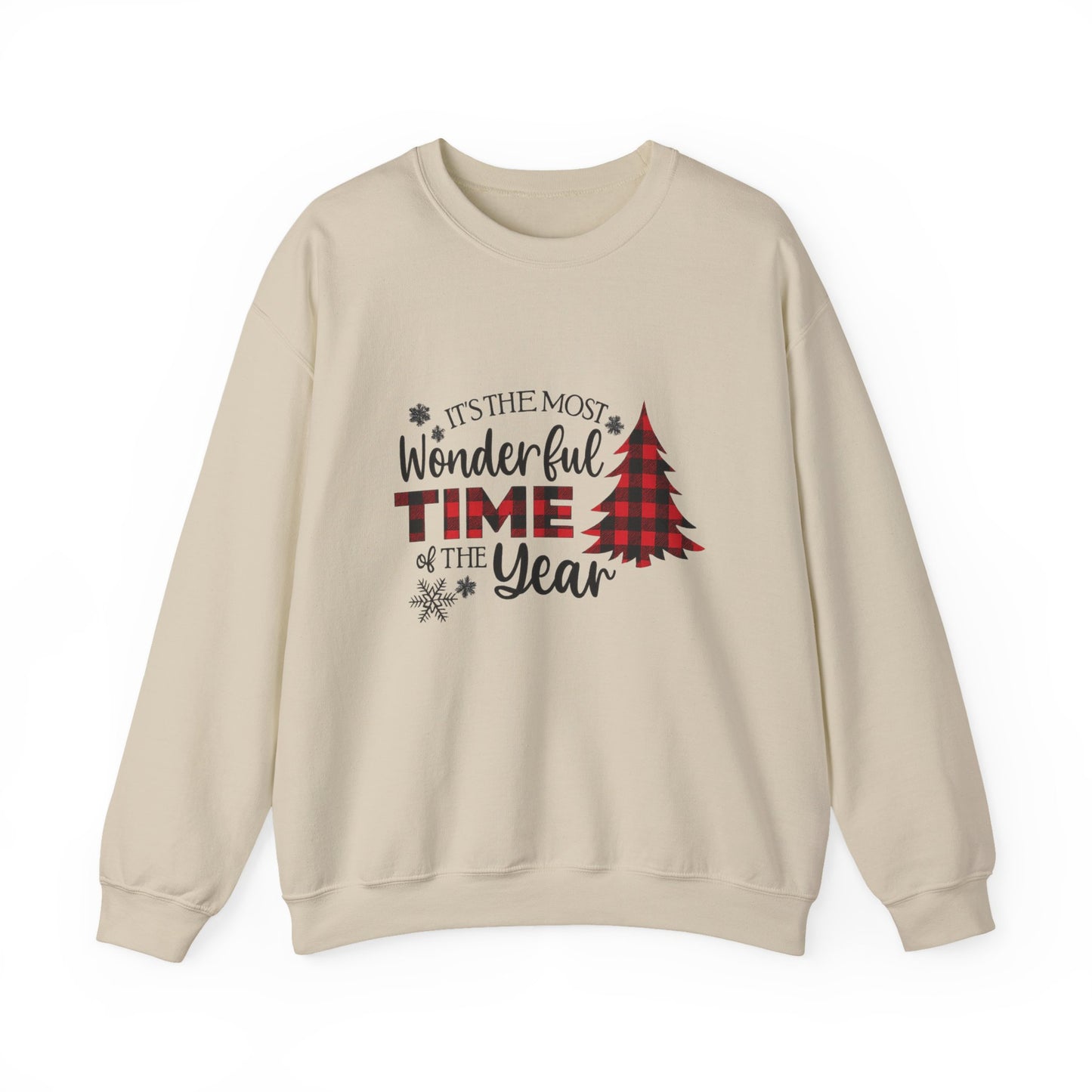 Unisex Heavy Blend™ mw2032 | Most Wonderful Time of the Year Sweatshirt – Buffalo Plaid Christmas Tree Crewneck | Cozy Unisex Holiday Gift
