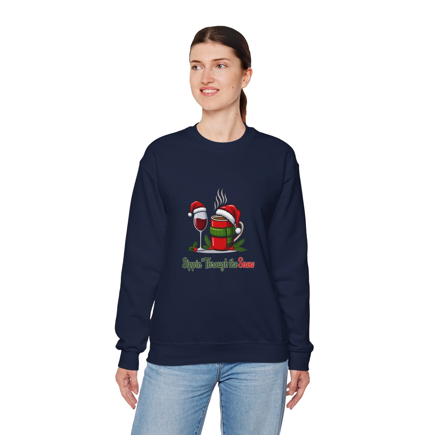 Unisex Heavy Blend™ mw2127 | Sippin’ Through the Snow Christmas Sweatshirt – Funny Holiday Wine & Coffee Crewneck, Festive Xmas Gift