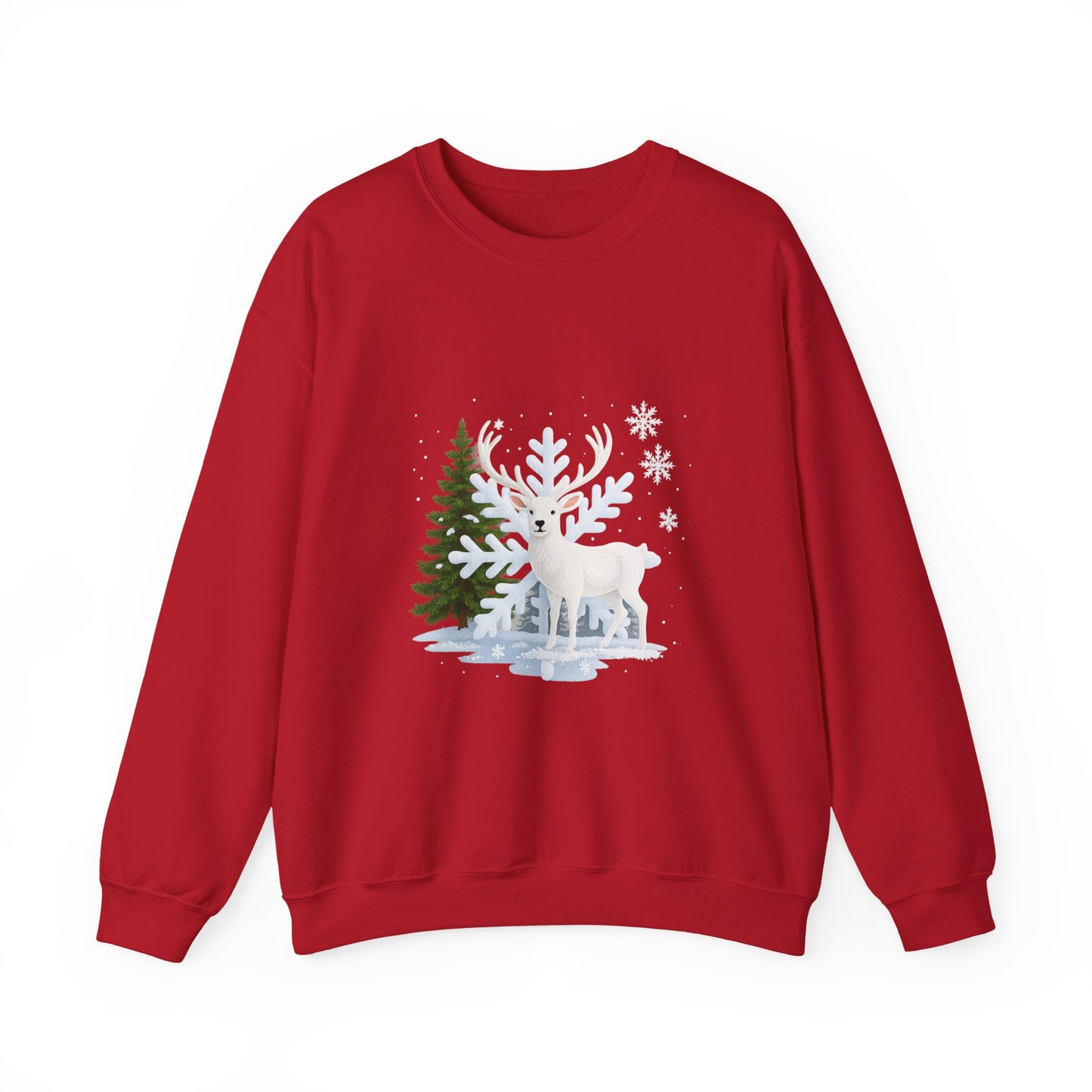 Unisex Heavy Blend™ mw2058 | White Reindeer Christmas Sweatshirt – Snowflake Winter Deer Crewneck, Festive Holiday Pullover Sweater
