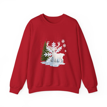 Unisex Heavy Blend™ mw2058 | White Reindeer Christmas Sweatshirt – Snowflake Winter Deer Crewneck, Festive Holiday Pullover Sweater