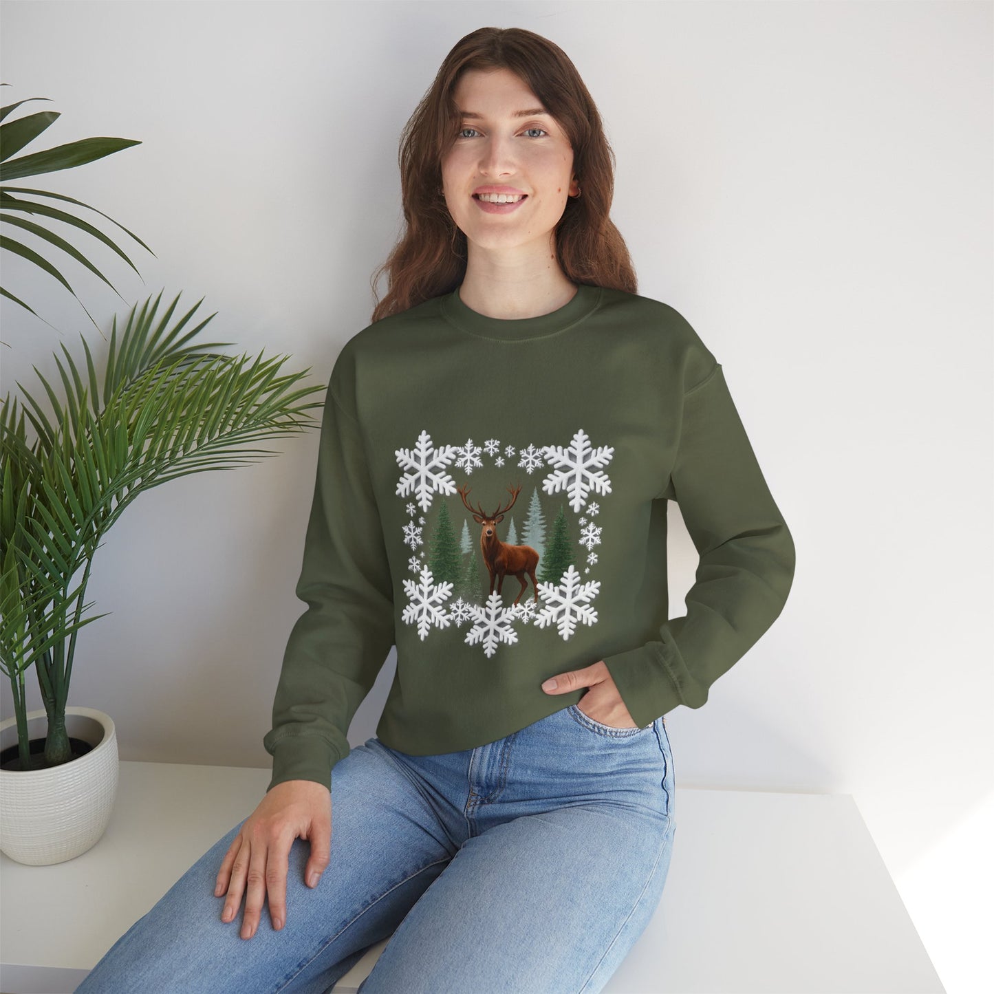 Unisex Heavy Blend™ mw2054 | Snowflake Reindeer Christmas Sweatshirt – Festive Winter Deer Crewneck, Holiday Pullover Sweater