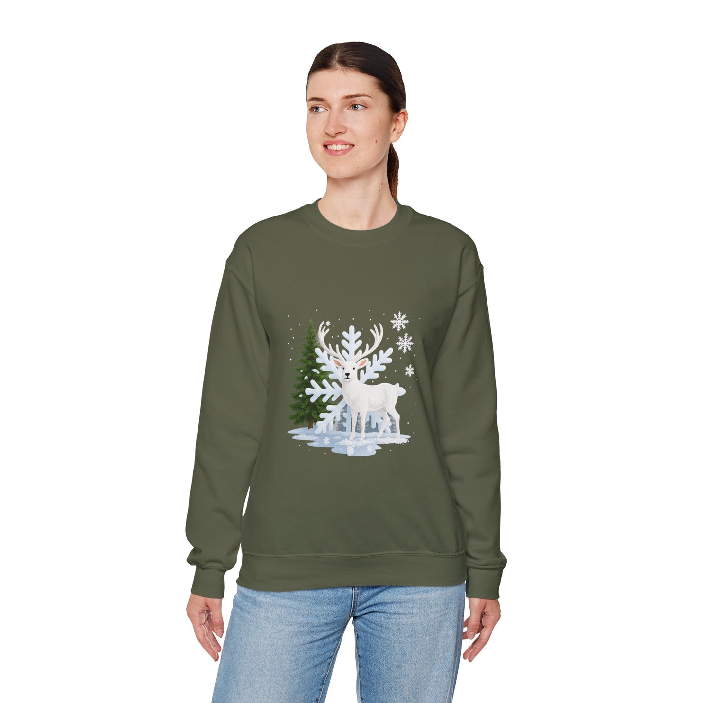 Unisex Heavy Blend™ mw2058 | White Reindeer Christmas Sweatshirt – Snowflake Winter Deer Crewneck, Festive Holiday Pullover Sweater