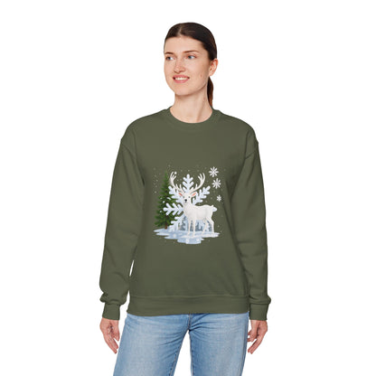 Unisex Heavy Blend™ mw2058 | White Reindeer Christmas Sweatshirt – Snowflake Winter Deer Crewneck, Festive Holiday Pullover Sweater