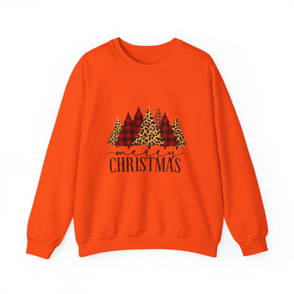 Unisex Heavy Blend™ mw2014 | Merry Christmas Trees Sweatshirt – Leopard & Buffalo Plaid Holiday Crewneck | Cozy Unisex Winter Gift