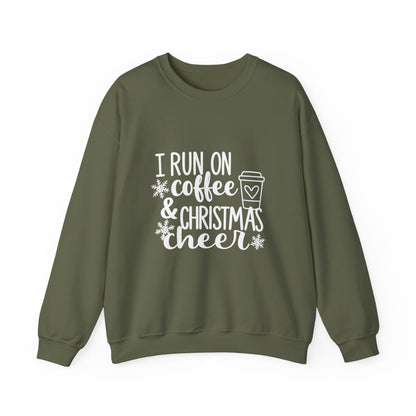 Unisex Heavy Blend™ mw2013 | I Run on Coffee & Christmas Cheer Sweatshirt – Funny Holiday Crewneck | Cozy Unisex Winter Gift
