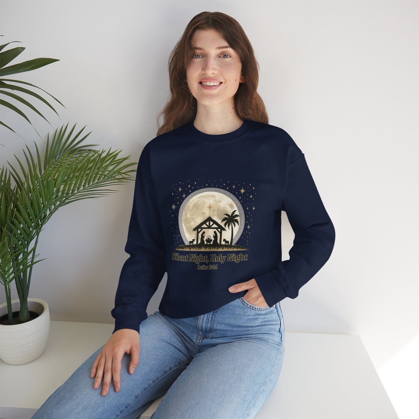 Unisex Heavy Blend™ mw2067 | Silent Night Holy Night Sweatshirt – Christian Nativity Scene Crewneck, Luke 2:14 Bible Verse Christmas Pullover