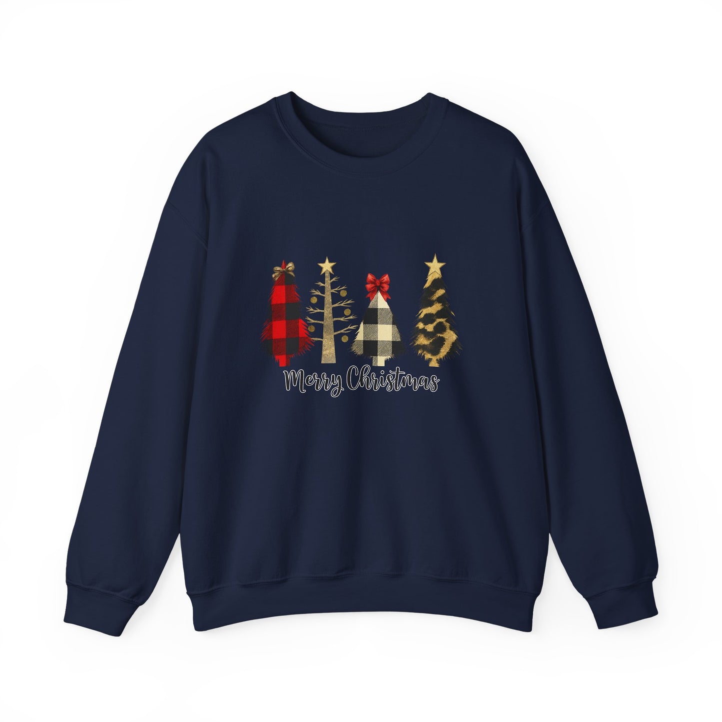 Unisex Heavy Blend™ mw2019 | Merry Christmas Tree Sweatshirt – Buffalo Plaid & Leopard Print Holiday Crewneck | Cozy Unisex Winter Gift